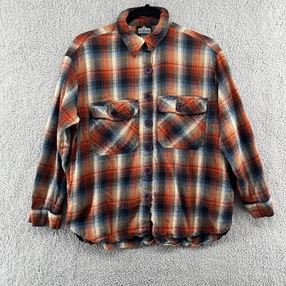 Angie Women's Flannel Top Size Small Plaid Buttoned Cropped Shacket blue orange - Picture 2 of 12